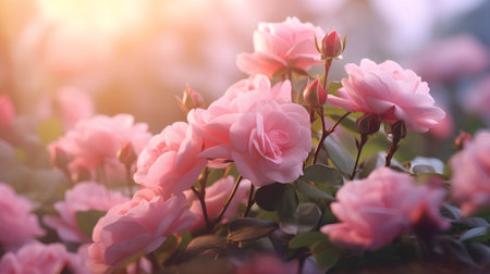 Beautiful pink rose flowers blooming in the garden. Nature backgroundの素材
