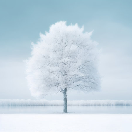 Winter landscape with frozen tree on the lake shore. Nature background.の素材