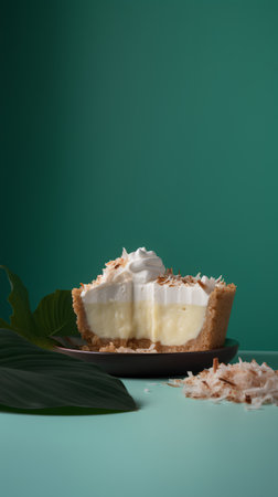 Piece of cake with whipped cream and coconut chips on green backgroundの素材