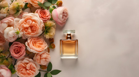 Perfume bottle and flowersle background, 3d rendering. Computer digital drawing.の素材