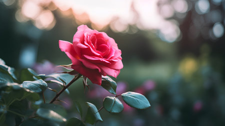Beautiful pink rose in the garden on the background of the sunset.の素材