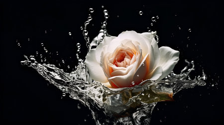 Beautiful white rose in water splash on black background, closeupの素材