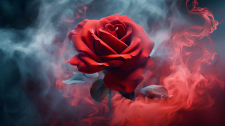 Beautiful red rose on a dark background with smoke. Love concept.の素材