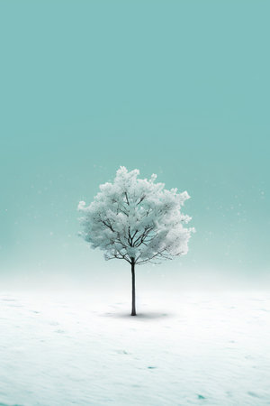 Winter landscape with snow covered tree. 3d illustration. Copy space.の素材