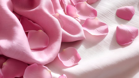 Pink rose petals on white fabric as background, closeup viewの素材