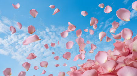 Pink rose petals fly in the blue sky. 3d renderingの素材