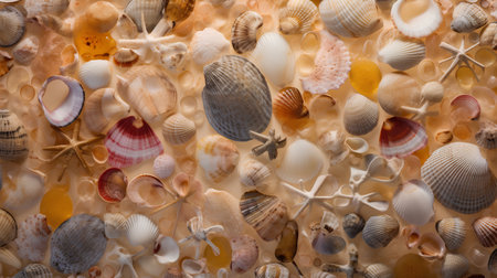 Seashells background. Sea shells texture. Flat lay.の素材