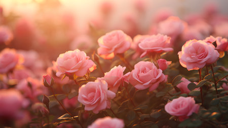 Pink roses in the garden at sunset time. Beautiful nature background.の素材