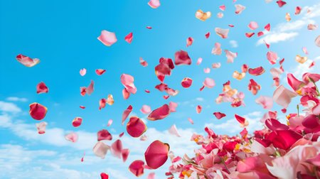 Rose petals fly in the air against the background of the blue skyの素材
