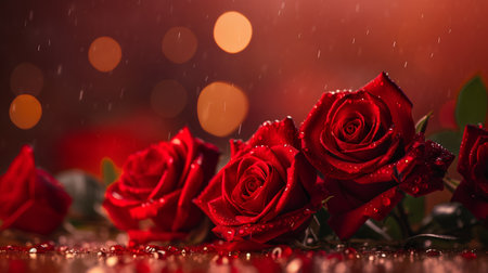 Red roses with water drops on bokeh background. Valentines dayの素材