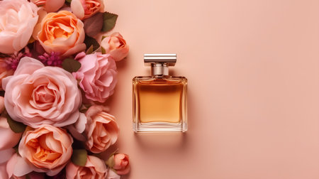 Bottle of perfume with flowers on pink background. Flat lay.の素材