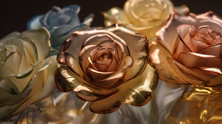 close up of a bunch of roses in gold and copper colors.の素材