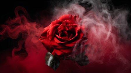 Red rose on a black background with smoke. Valentine's Day.の素材