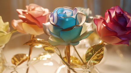 Colorful roses in a glass vase on a wooden table.の素材