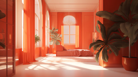 3d render of bedroom interior design with orange curtains and plants.の素材