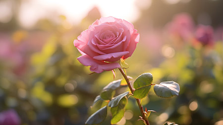 Beautiful pink rose in the garden on sunset. Nature background.の素材
