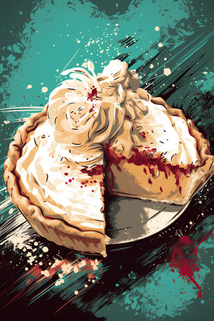 Vector illustration of apple pie with whipped cream on a grunge backgroundの素材
