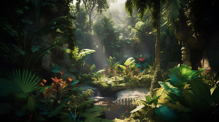 Beautiful tropical garden in the rainforest. 3d render.の素材