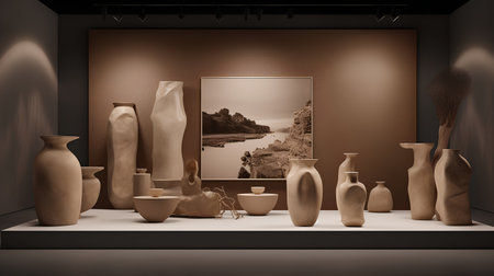 3d render of vases on the wall in the art galleryの素材
