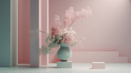 3d render, abstract minimal geometric forms, vase with flowers, pastel colorsの素材
