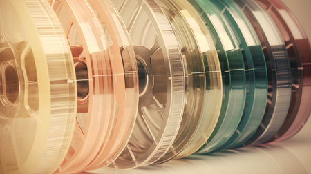 Colorful vintage film rolls on white background. 3D Renderingの素材