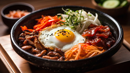 Bibimbap - japanese rice noodles with fried eggの素材