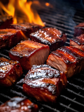 Grilled pork ribs on the barbecue grill with flames. Toned.の素材