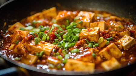 Tofu stir fried in a pan. Tofu is a popular Chinese food.の素材