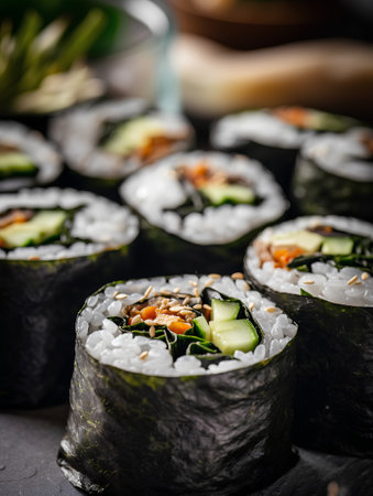 Sushi rolls with salmon, cucumber, avocado and sesame seedsの素材