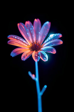 Beautiful daisy flower with dew drops isolated on black backgroundの素材