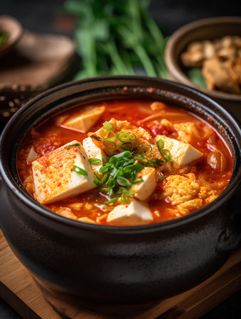 Tofu soup with tofu in a clay pot on a dark backgroundの素材