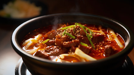 Beef noodle in black bowl on wooden background, closeupの素材