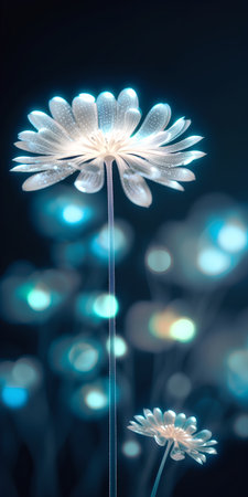 3d illustration of white daisy flower with blue lights on backgroundの素材