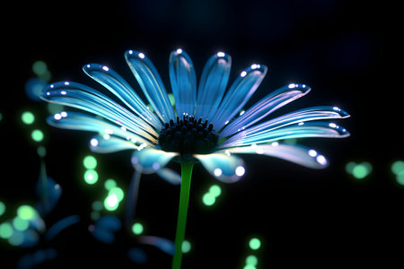 Blue daisy flower on a black background with bokeh effectの素材