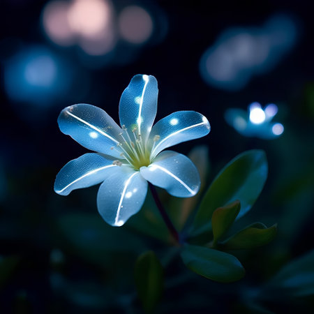 Beautiful blue flower with bokeh lights on a dark backgroundの素材