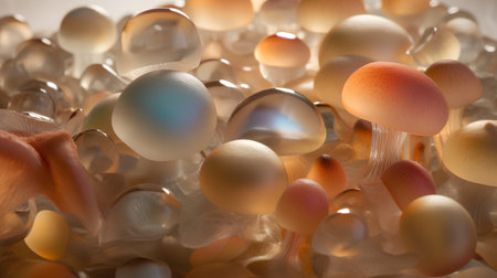 Macro image of a group of edible mushrooms. Shallow depth of field.の素材