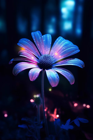 Beautiful blue flower on a background of the night sky with blue lightsの素材