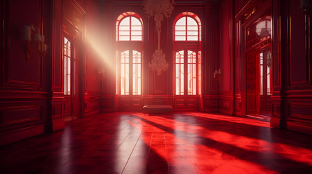 3D rendering of an empty room with red walls and large windowsの素材