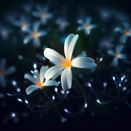 Beautiful white crocus flowers on dark background with bokehの素材