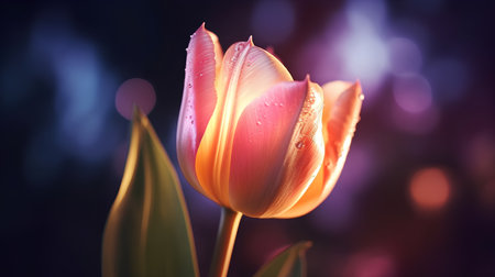 Beautiful tulip flower with water drops on bokeh backgroundの素材