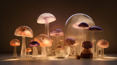 3d render of group of mushrooms in the dark room with lightの素材