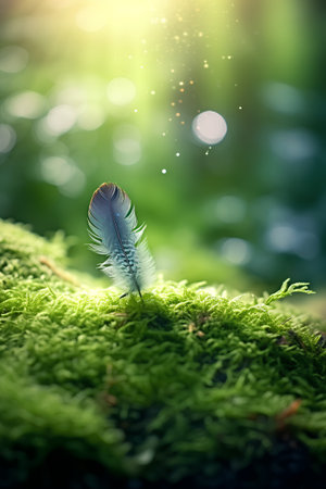 Feather on moss in the forest with bokeh background.の素材