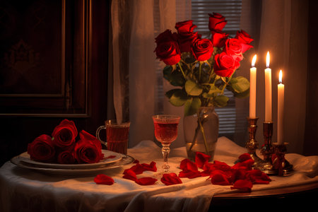 Romantic dinner table with red roses, candles and wine in the darkの素材