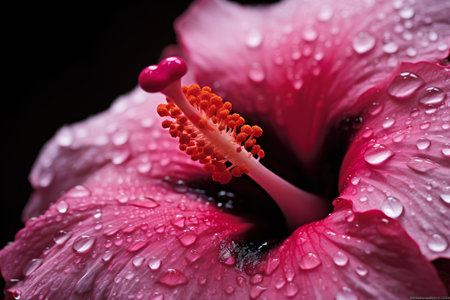 Beautiful pink hibiscus flower with water drops on black backgroundの素材