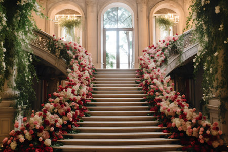 Wedding arch decorated with red and white roses. Wedding decorの素材