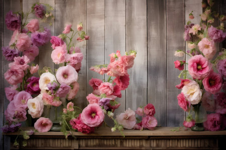 Beautiful pink flowers in vase on old wooden wall background.の素材