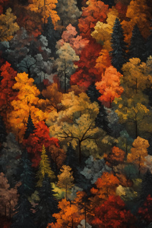 Seamless pattern with colorful autumn forest. Watercolor illustration.の素材