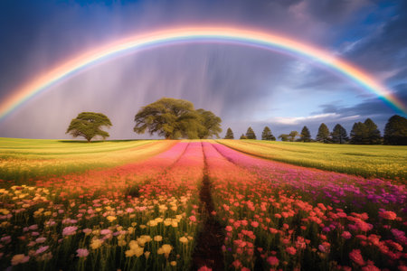 Rainbow over the meadow with colorful flowers and trees at sunsetの素材