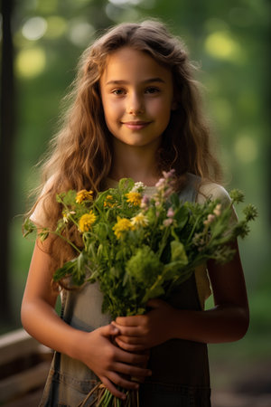 Portrait of a little girl with a bouquet of wild flowersの素材