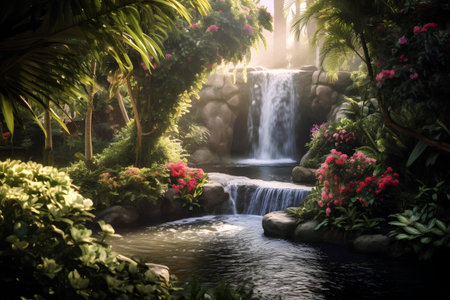 Waterfall in the tropical garden. Beautiful nature landscape. Toned.の素材